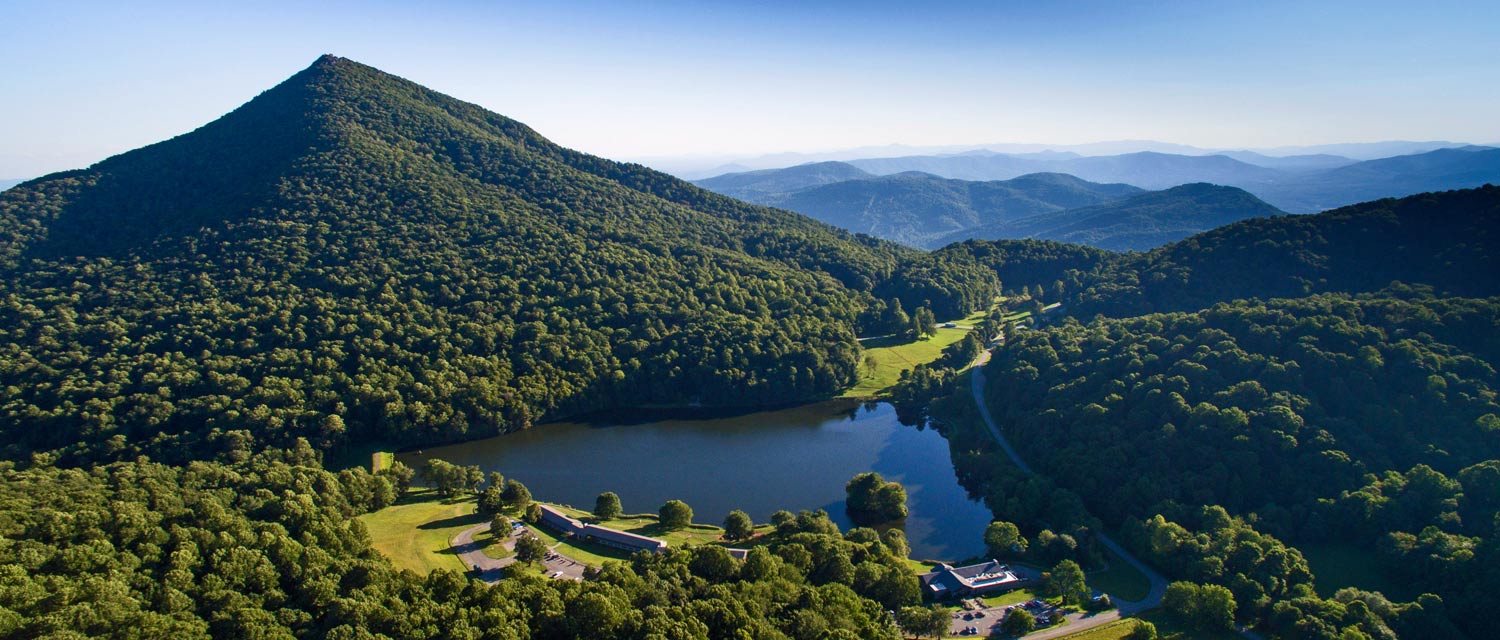 An aerial view of Sharp Top Mountain and Peaks of Otter